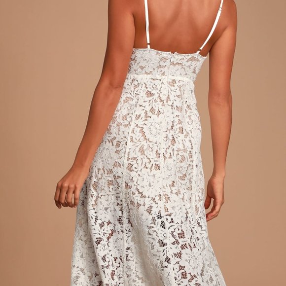 Lulu's Women's Dress One Wish Lace Midi V Neck Spaghetti Strap Sleeveless White - Picture 4 of 6